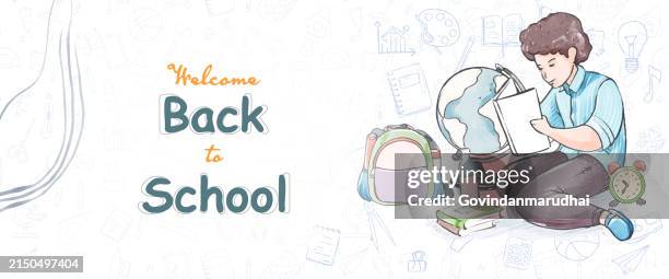 back to school. first day of school. banner vector illustration background. vectorized watercolor illustrations. - person reading magazine stock illustrations