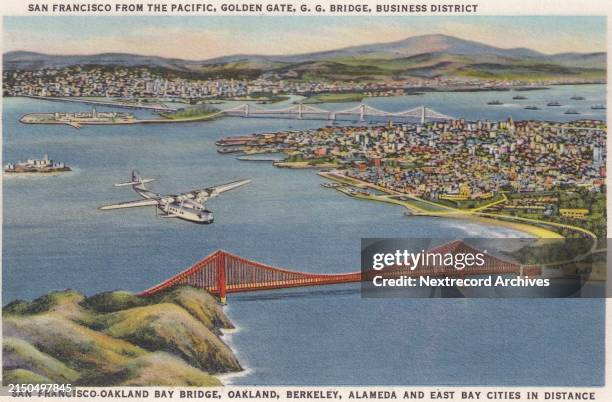 Vintage souvenir linen postcard published in 1936 in series titled 'The World's Greatest Bridges Span the San Francisco Bay Area' depicting a view of...