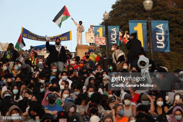 Pro-Palestinian protesters rally on Janss Steps on the UCLA campus on May 1, 2024.