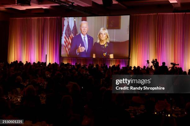 President Joe Biden and First Lady Jill Biden are shown onstage in a video at Homeboy Industries' 2024 Lo Maximo Awards And Fundraising Gala at JW...