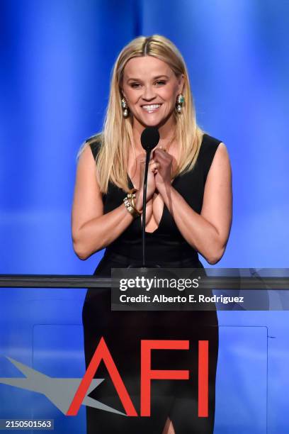 Reese Witherspoon speaks onstage during the 49th AFI Life Achievement Award Gala Tribute celebrating Nicole Kidman at Dolby Theatre on April 27, 2024...