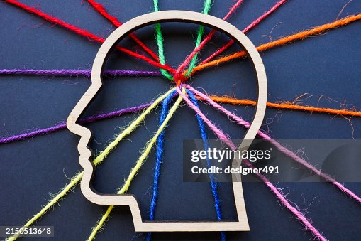 The outline of the head and connected colored threads symbolize neurodiversity, autism or creativity. The outline of the head and connected colored threads symbolize neurodiversity, autism or creativity.