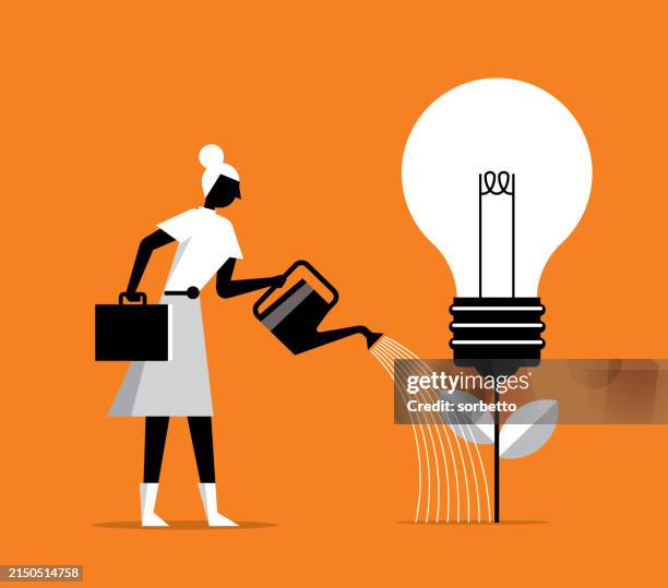 bildbanksillustrationer, clip art samt tecknat material och ikoner med watering the bulb tree - businesswoman - plantera