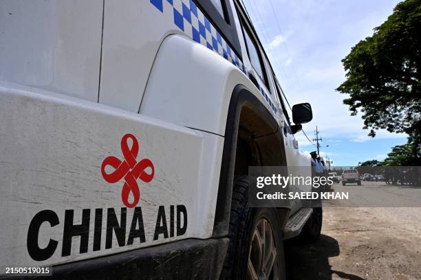 This picture taken on April 18, 2024 shows a police patrol car provided with aid from the Chinese government in Honiara, capital city of the Solomon...