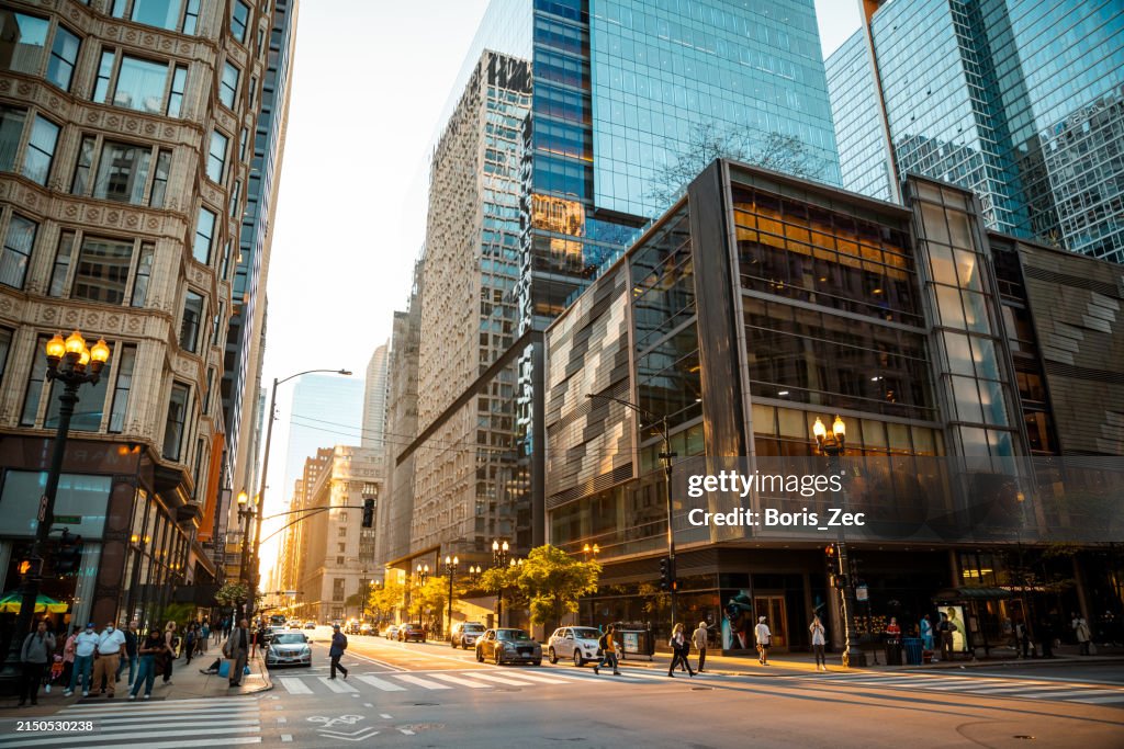 Details of the city of Chicago. Cars, residents, and tourists, life in a big city, panoramic city views, everyday life. Historical landmarks, tourist destinations - Stock Photo