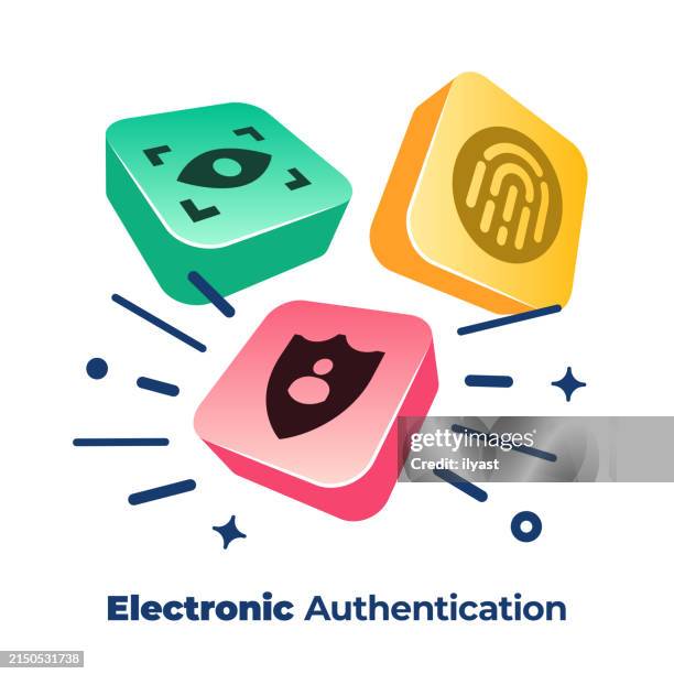 3d vector buttons with icons for electronic authentication - shield 3d rendering stock illustrations