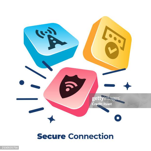 3d vector buttons with icons for secure connection - isometric refresh icon stock illustrations