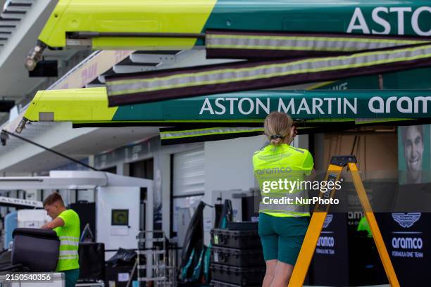 The Aston Martin garage is busy during the Formula 1 Crypto.com Miami Grand Prix 2024 in Miami, USA, on May 1, 2024.