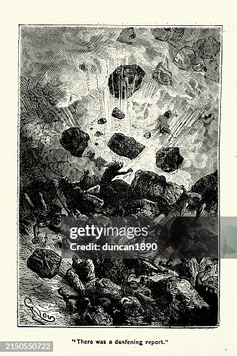 Vintage illustration dynamite exploding, accident, Wild West, Victorian, 1880s, 19th Century Vintage illustration dynamite exploding, accident, Wild West, Victorian, 1880s, 19th Century