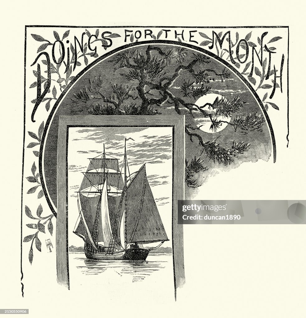 Vintage illustration Sailing ship, Full moon behind tree, Victorian, 1880s, 19th Century