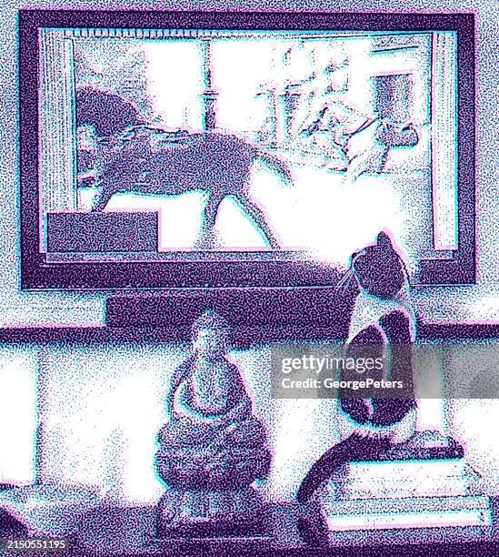 cat watching tv with glitch technique - picky cat stock illustrations