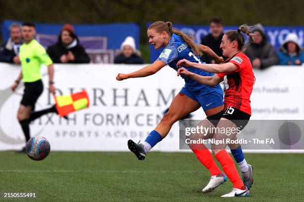Lily Crosthwaite of Durham shoots whilst under pressure from Rebecca Holloway of Birmingham City during the Barclays Women's Championship match...