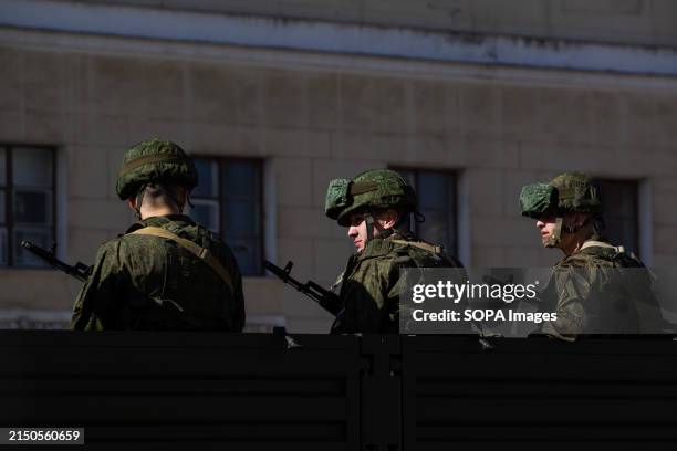 Russian military personnel during a rehearsal for the May 9 Victory Parade on Palace Square.