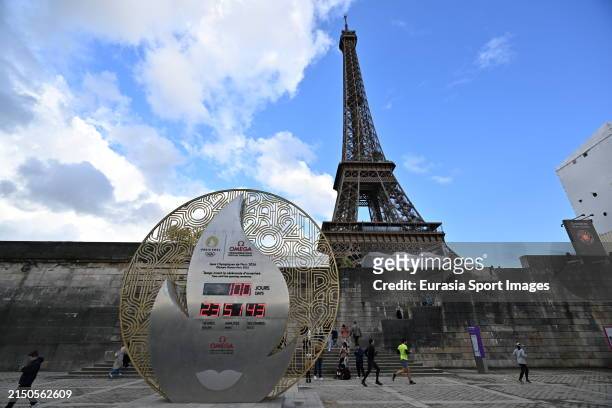 Omega Countdown Clock Displays The Time Until The Paris Olympic Games Opening Ceremony on April 16, 2024 in Paris, France. Paris will host the Summer...