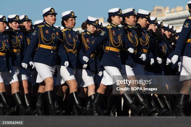 Female Russian military officers during the rehearsal for the May 9 Victory Parade on Palace Square.