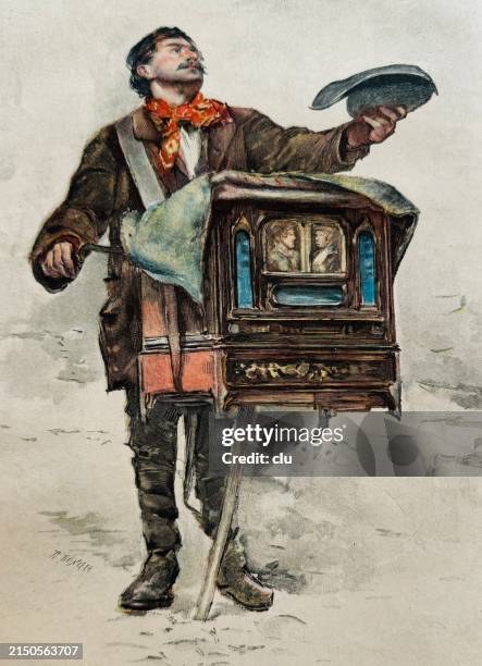 hurdy gurdy man holding his hat for pennies - pleading document stock illustrations