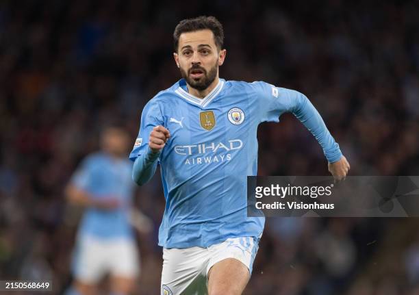 Bernardo Silva of Manchester City in action during the UEFA Champions League quarter-final second leg match between Manchester City and Real Madrid...