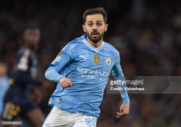 Bernardo Silva of Manchester City in action during the UEFA Champions League quarter-final second leg match between Manchester City and Real Madrid...