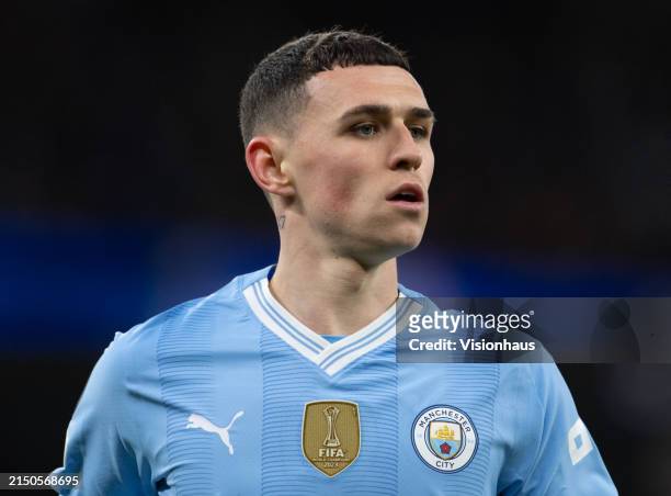 Phil Foden of Manchester City in action during the UEFA Champions League quarter-final second leg match between Manchester City and Real Madrid CF at...