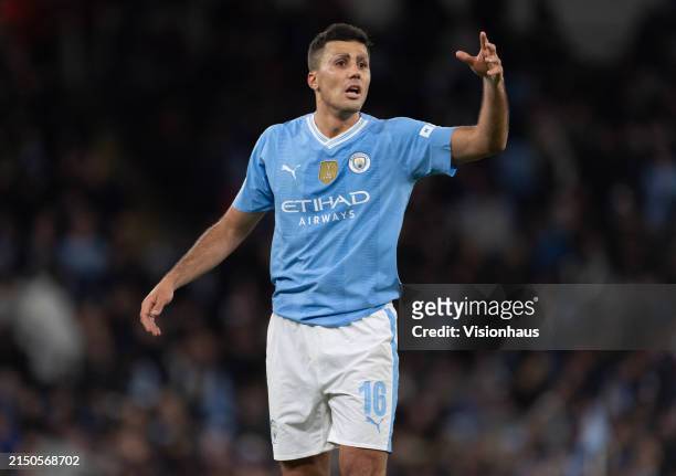 Rodri of Manchester City in action during the UEFA Champions League quarter-final second leg match between Manchester City and Real Madrid CF at...