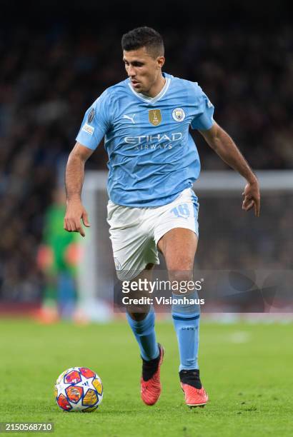 Rodri of Manchester City in action during the UEFA Champions League quarter-final second leg match between Manchester City and Real Madrid CF at...