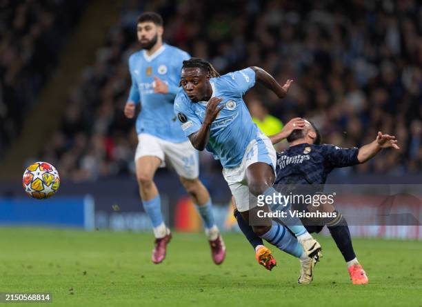 Jeremy Doku of Manchester City and Dani Carvajal of Real Madrid CF in action during the UEFA Champions League quarter-final second leg match between...