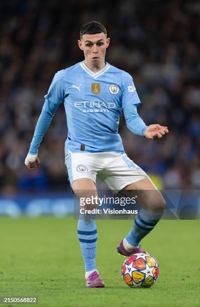 Phil Foden of Manchester City in action during the UEFA Champions League quarter-final second leg match between Manchester City and Real Madrid CF at...