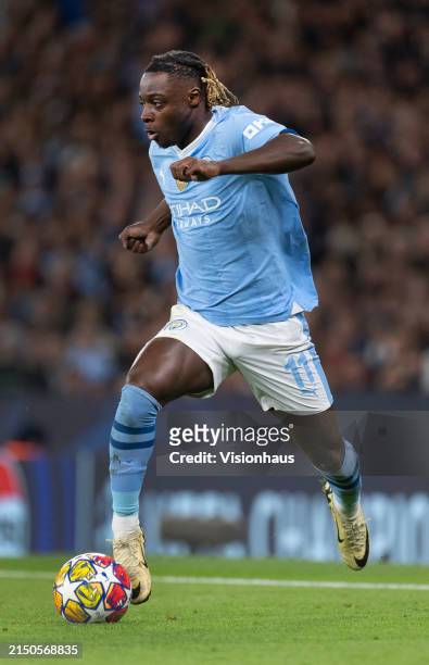 Jeremy Doku of Manchester City in action during the UEFA Champions League quarter-final second leg match between Manchester City and Real Madrid CF...
