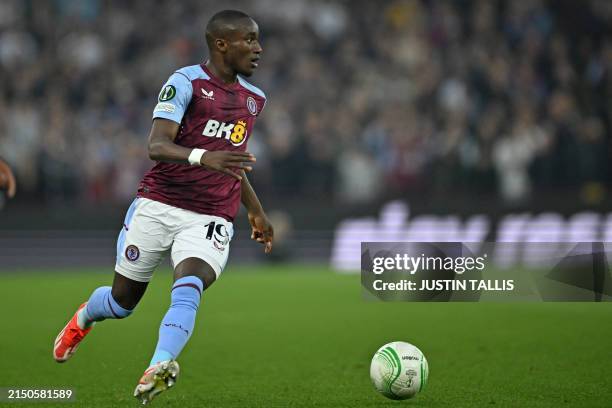 Aston Villa's French midfielder Moussa Diaby looks to play a pass during the UEFA Europa Conference League semi final first leg football match...