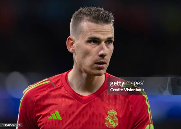 Real Madrid CF goalkeeper Andriy Lunin during the UEFA Champions League quarter-final second leg match between Manchester City and Real Madrid CF at...