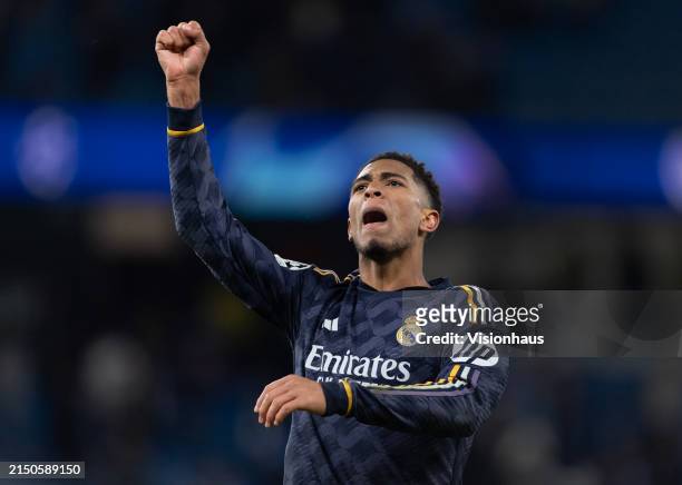 Jude Bellingham of Real Madrid CF celebrates after the UEFA Champions League quarter-final second leg match between Manchester City and Real Madrid...