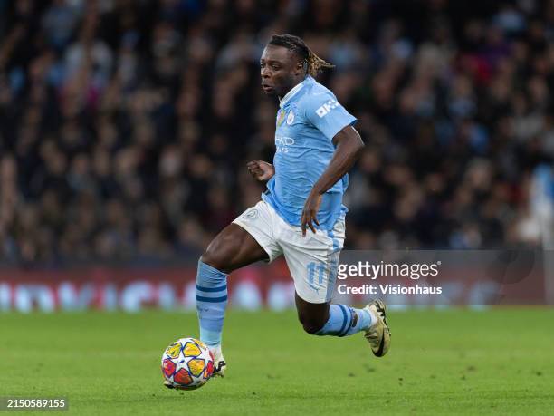 Jeremy Doku of Manchester City in action during the UEFA Champions League quarter-final second leg match between Manchester City and Real Madrid CF...