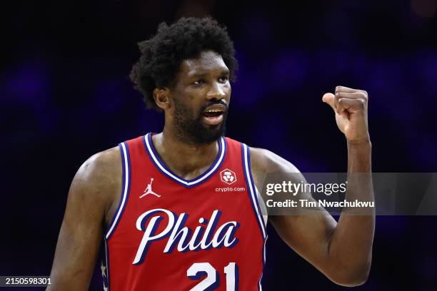Joel Embiid of the Philadelphia 76ers reacts during the fourth quarter against the New York Knicks during game four of the Eastern Conference First...