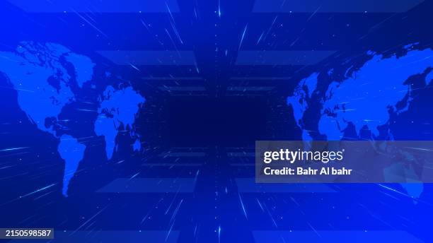 abstract blue news background with world map and lighting lines texture pattern full screen photo design background - broadcast-studio-background stock illustrations