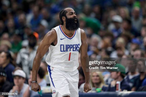 James Harden of the Los Angeles Clippers reacts after a three-point basket in the first half against the Dallas Mavericks during game four of the...