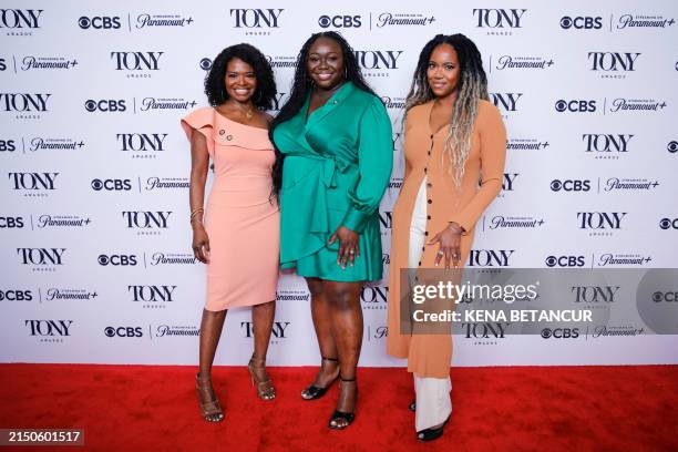 Actress and singer LaChanze, US writer and playwright Jocelyn Bioh and US actress Witney White arrive for the "Tony Awards Meet the Nominees Junket"...