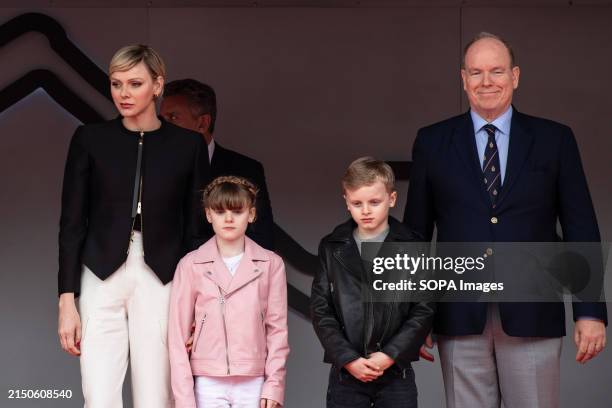 Princess Charlene, children Gabriella and Jacques and Prince Albert II of Monaco on the awards podium of the ABB Formula-E Monaco E-Prix 2024. Final...