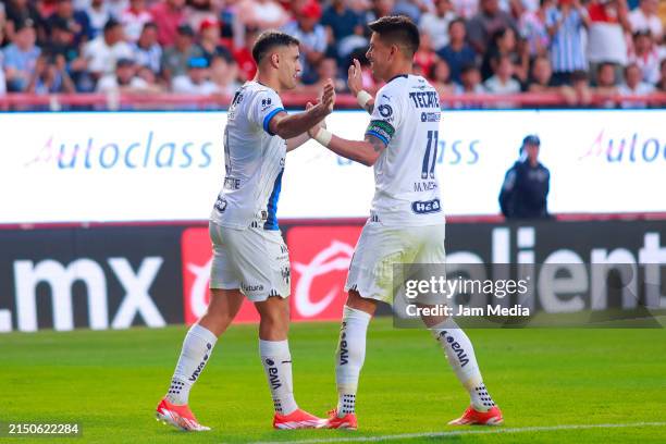 German Berterame of Monterrey celebrates with Maximiliano Meza after scoring the team's first goal during the 17th round match between Necaxa and...