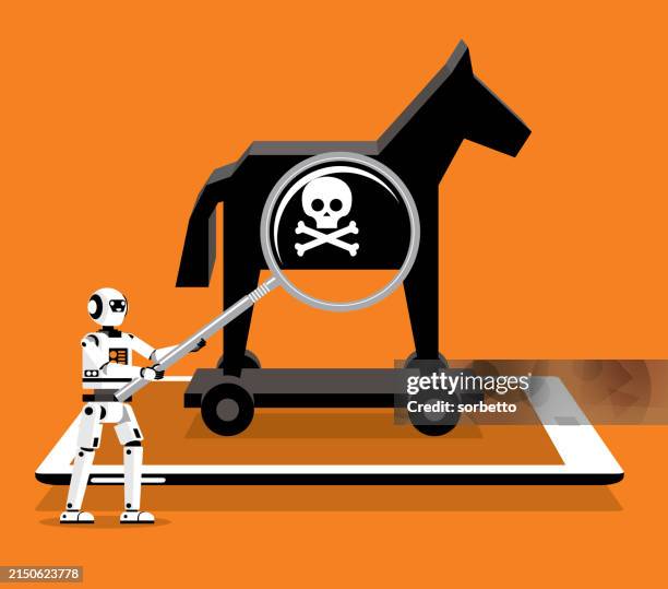 illustrazioni stock, clip art, cartoni animati e icone di tendenza di malware - telefono cellulare - robot - virus informatico