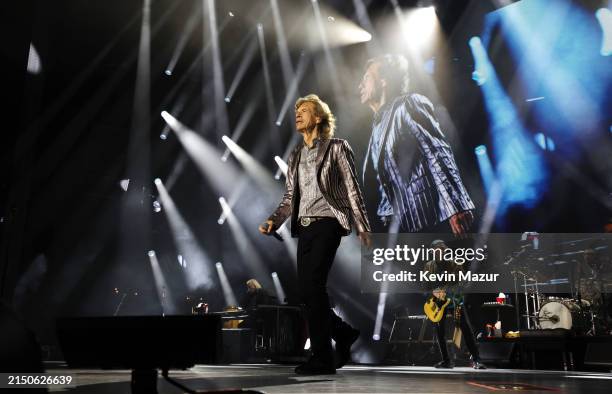 Mick Jagger performs on stage during The Rolling Stones' 'STONES TOUR '24 HACKNEY DIAMONDS' at NRG Stadium on April 28, 2024 in Houston, Texas.