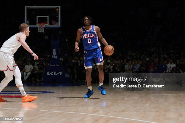 Tyrese Maxey of the Philadelphia 76ers dribbles the ball during the game against the New York Knicks during Round 1 Game 6 of the 2024 NBA Playoffs...