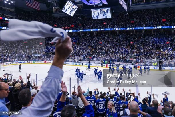 The Toronto Maple Leafs celebrate after defeating the Boston Bruins in Game Six of the First Round of the 2024 Stanley Cup Playoffs at Scotiabank...