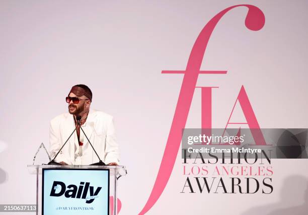 Brett Alan Nelson speaks onstage during the Daily Front Row's Eighth Annual Fashion Los Angeles Awards at The Beverly Hills Hotel on April 28, 2024...