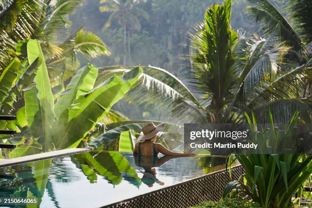mature fit asian woman relaxing on edge of infinity pool, admiring jungle view with early morning mist - ecoturismo imagens e fotografias de stock