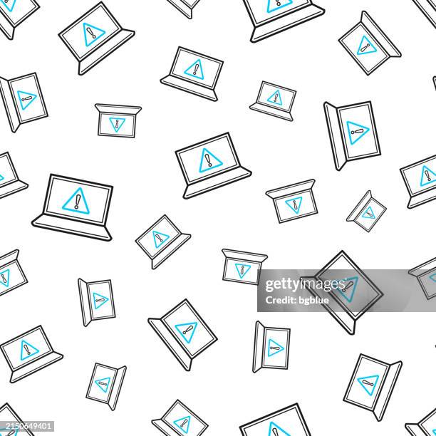 laptop with hazard warning attention. seamless pattern. line icons on white background - warning symbol stock illustrations