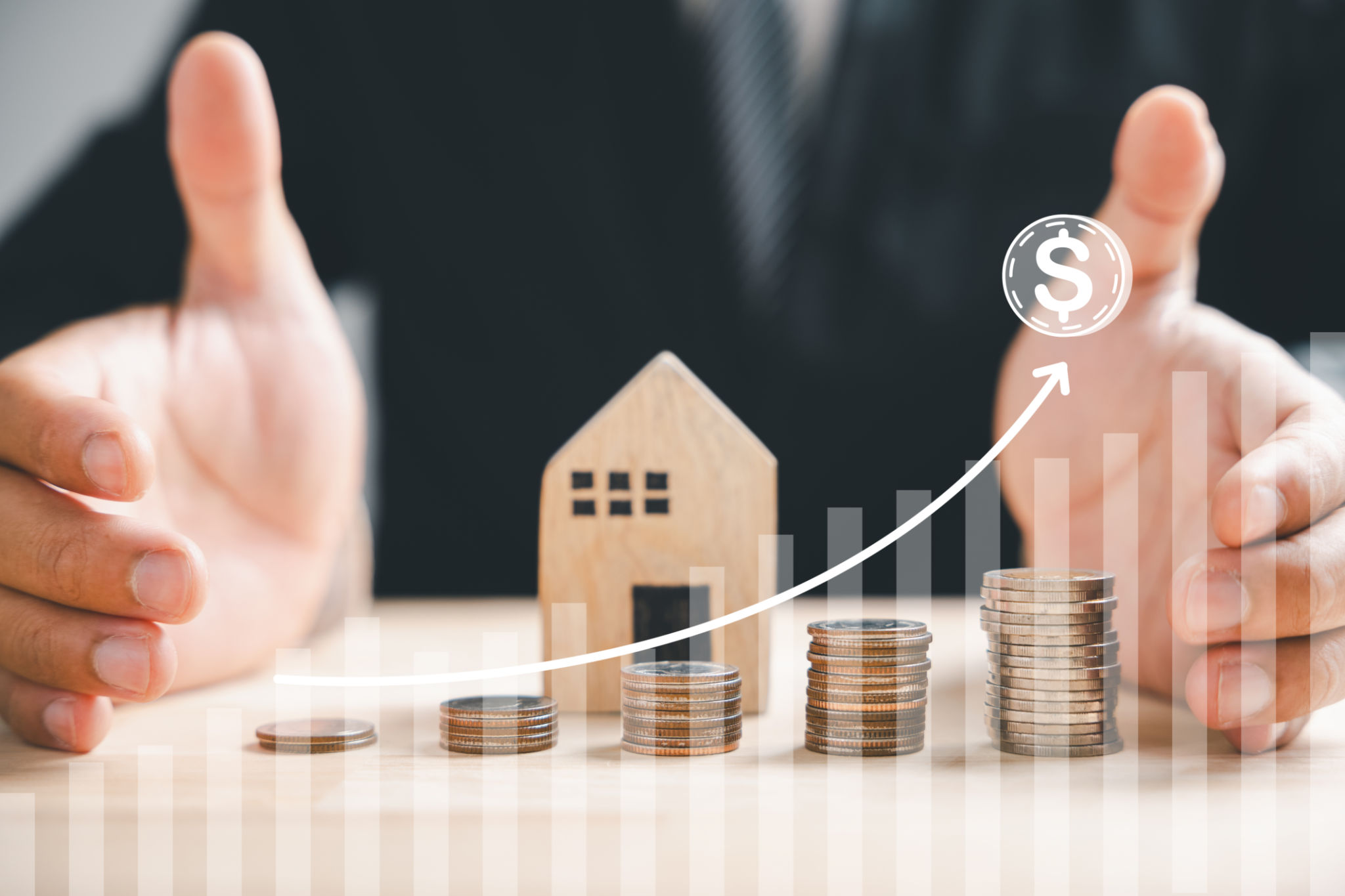 Businessman with house wooden and coin stack, real estate profit plan Businessman with house wooden and coin stack, real estate profit plan