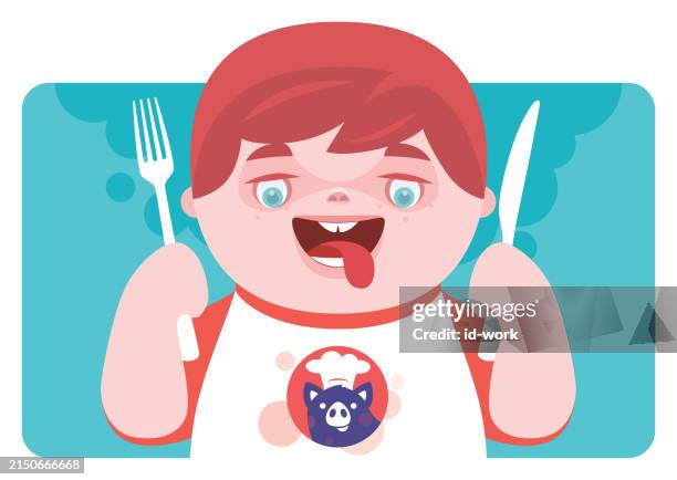 happy kid holding fork and knife in white t-shirt - hungry stock illustrations