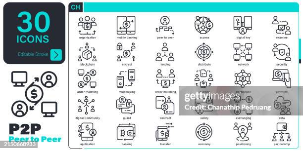 peer to peer set. 30 editable stroke vector graphic elements, stock illustration icon symbol, business, sharing, connection, peer-to-peer, care, community, computer network, technology - putting together stock illustrations