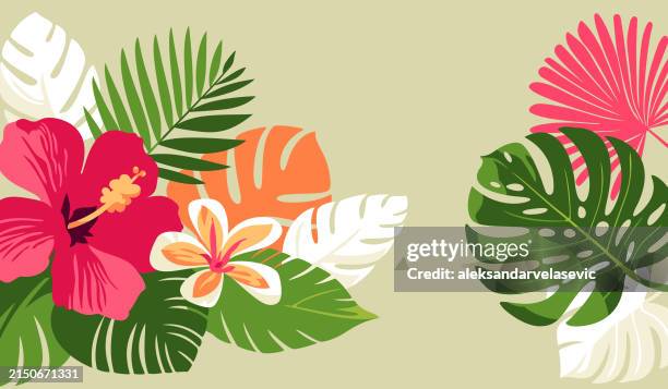 tropische blumen und blätter hintergrund - tropische blätter stock-grafiken, -clipart, -cartoons und -symbole