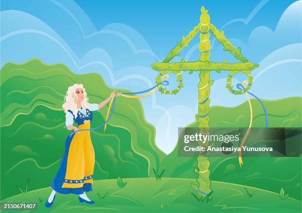 bildbanksillustrationer, clip art samt tecknat material och ikoner med midsummer national traditional swedish celebration - midsommarstång
